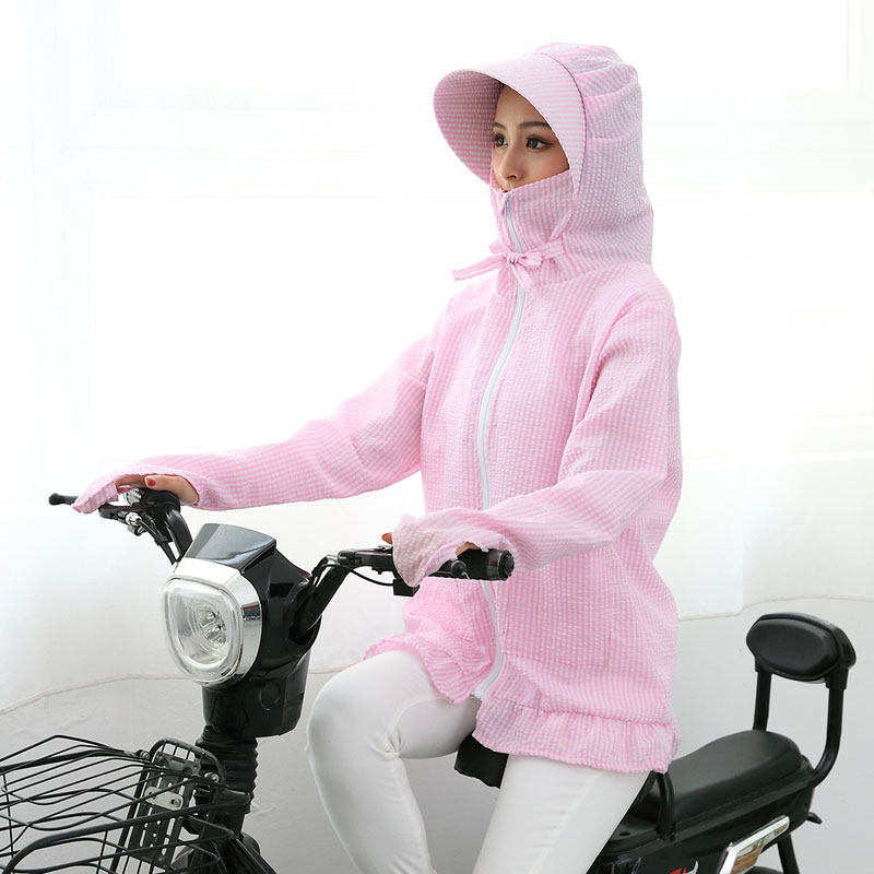 电动车防晒衣女中长款防紫外线夏季宽松透气涤棉格子大码防晒服