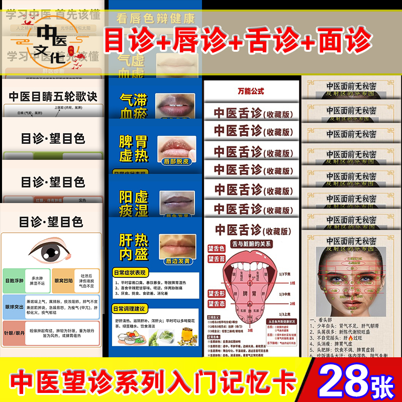 中医眼睛嘴唇诊断学习卡中医望诊高清塑封卡目诊唇诊6寸卡片套装
