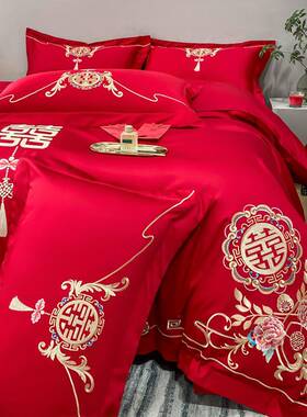 高档奢华中式刺绣全棉婚庆四件套大红色床单被套纯棉结婚床上用品