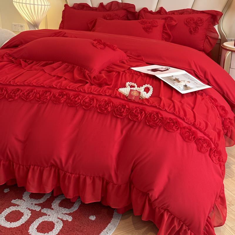 公主风纯棉水洗棉大红色结婚床上四件套韩式床裙婚庆陪嫁花边被套