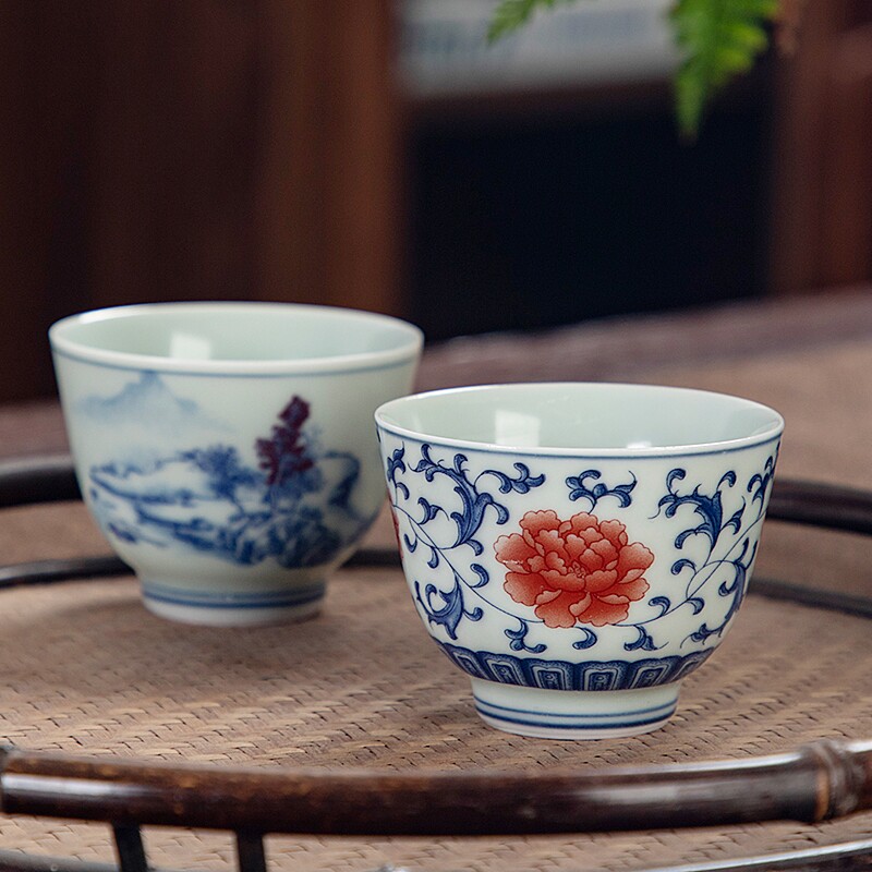 肖田青花缠枝莲主人杯功夫茶具品茗杯禅定单杯子陶瓷水杯茶碗茶杯