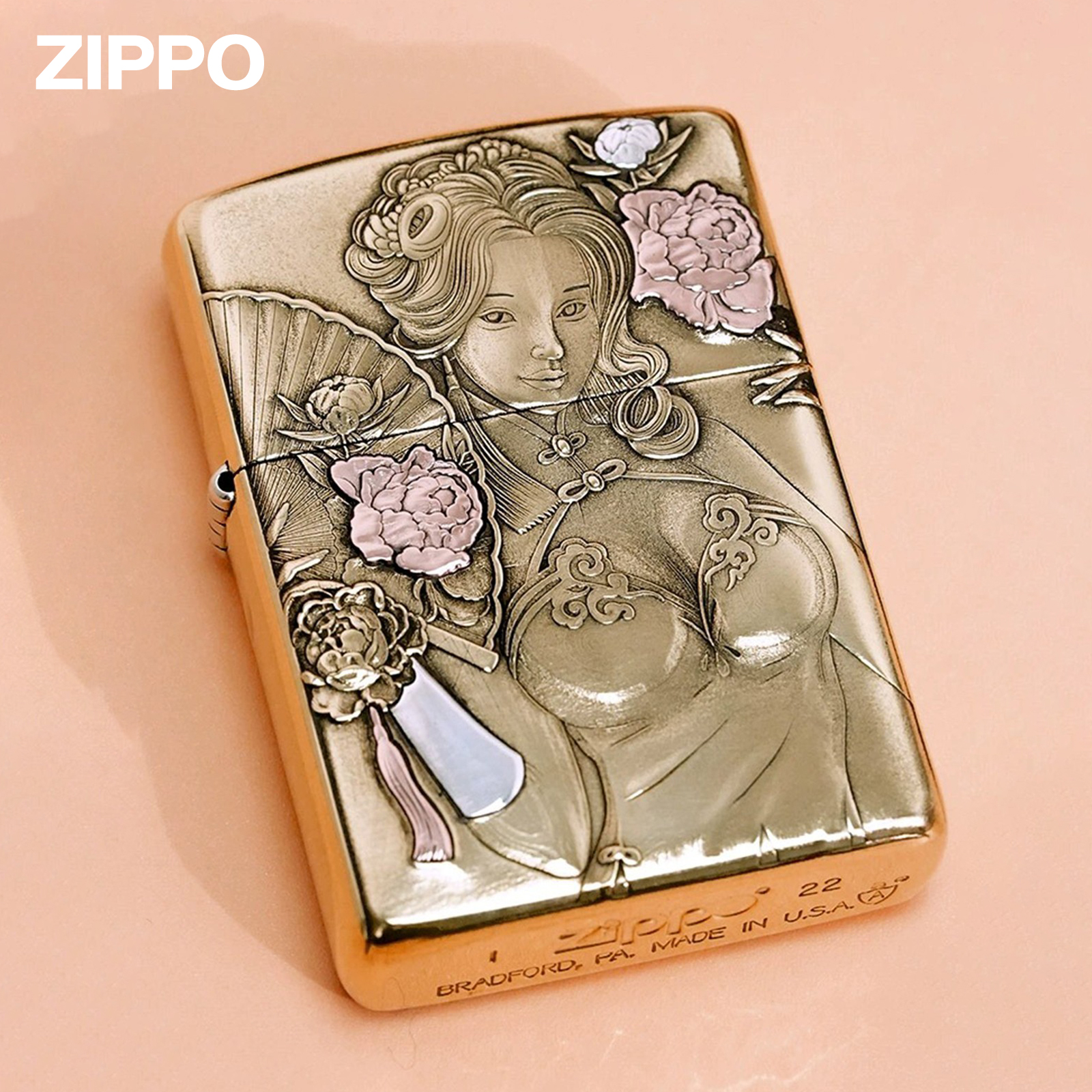 ZIPPO正品打火机盔甲潘金莲纯铜紫铜镶嵌雕刻防风煤油送男士礼物