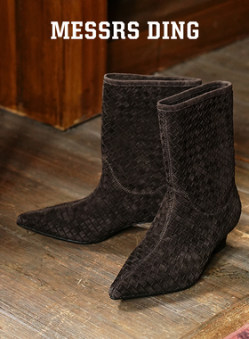 MD女鞋·蔓芊·手工编织鞋2025新款瘦瘦靴女复古尖头中筒靴子袜靴