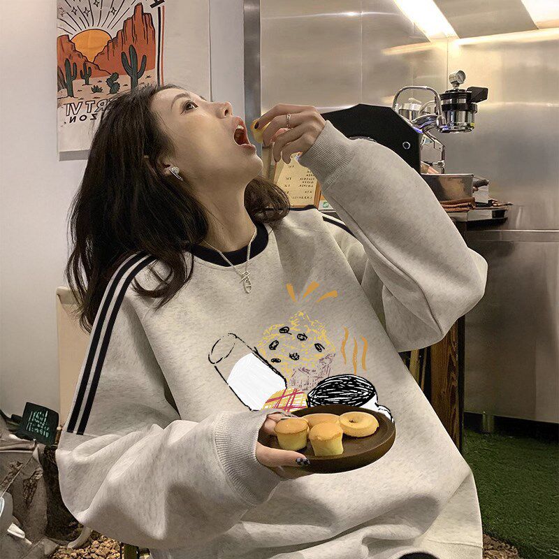 圆领灰色美式加绒卫衣女秋冬无帽大码女装宽松条纹设计感上衣女潮