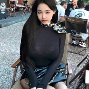 高领微透性感黑色打底衫女春秋新款修身气质百搭显瘦长袖t恤上衣