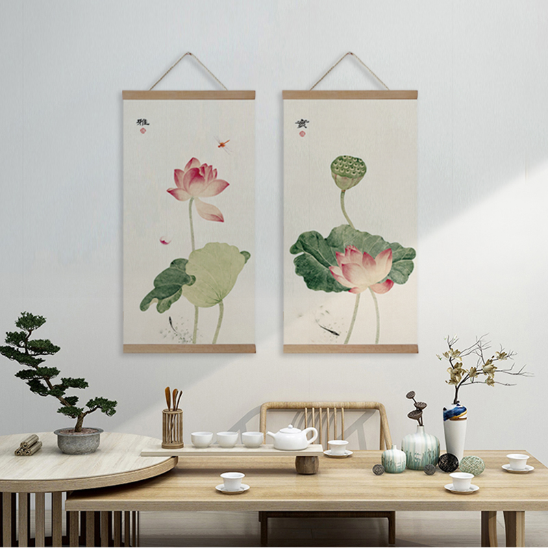 茜牡 新中式实木卷轴挂画禅意荷花布艺卷轴画茶室客厅墙面装饰画图片