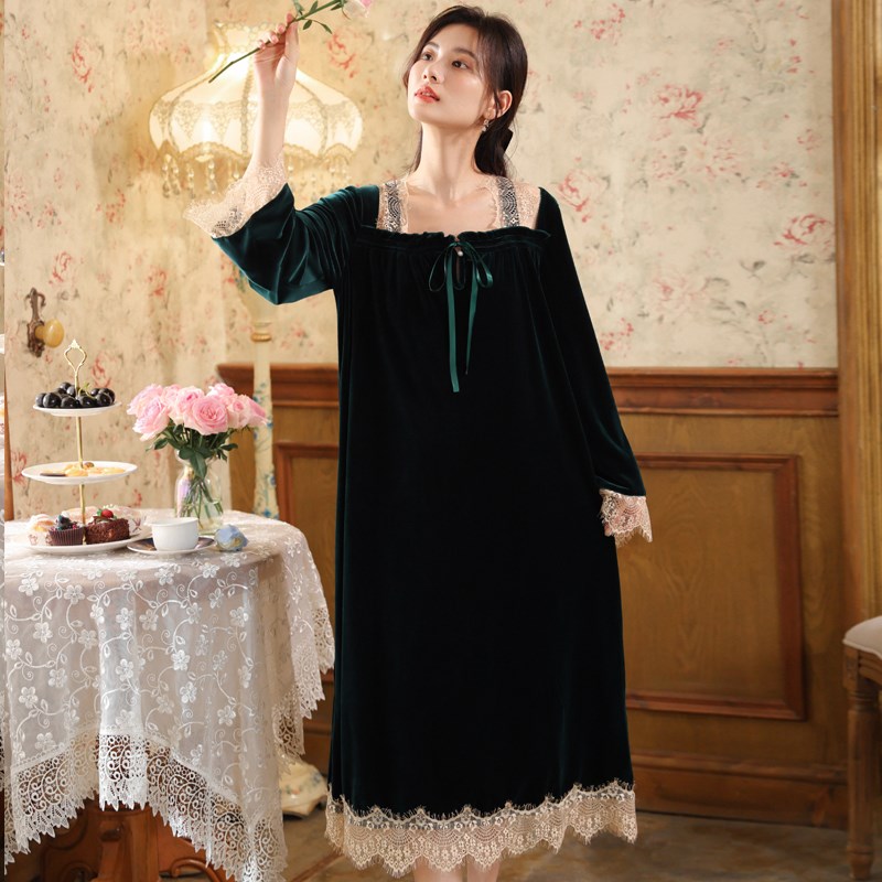 冬季法式酒红色睡衣女款结婚晨袍金丝绒睡裙长款新娘睡袍2024秋冬