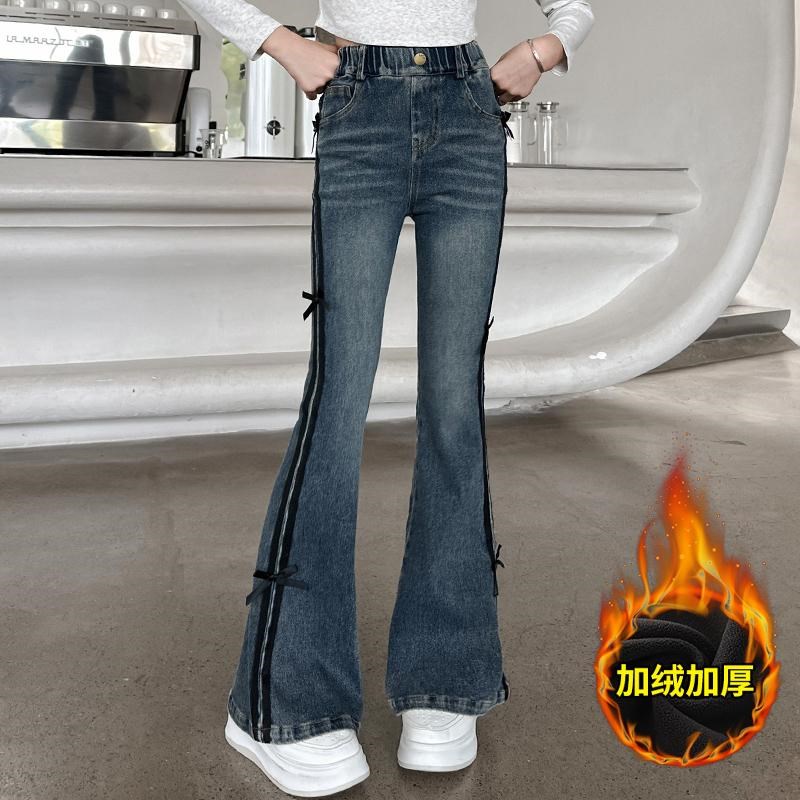 女童牛仔喇叭裤秋冬2024新款儿童装秋冬加绒裤子大童修身微喇长裤