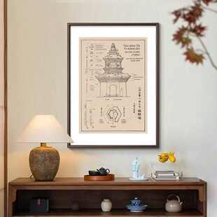 梁思成中国古建筑手稿装饰画 画新中式图纸挂画 画书房学习室客厅