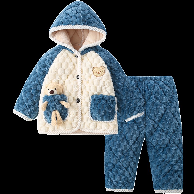 冬季儿童三层夹棉睡衣珊瑚绒男童冬款加绒加厚款女童男孩家居棉服