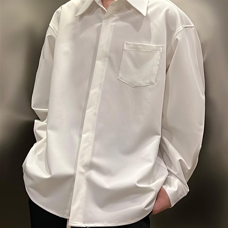 法式大领设计感垫肩衬衫男免烫抗皱宽松长袖暗扣口袋工装衬衣外套