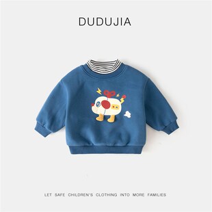 宝宝假两件卫衣秋冬男童圆领长袖上衣女童套头衫加绒小童冬装保暖