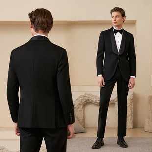 【高定工艺】澳嘉西服套装男结婚黑色塔士多礼服宴会青果领西装