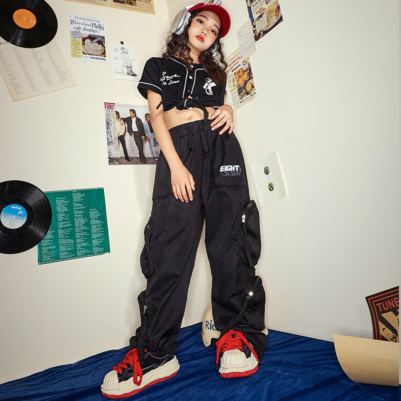 爵士舞服装女童时髦上衣黑色工装裤夏季套装女童潮酷jazz表演出服