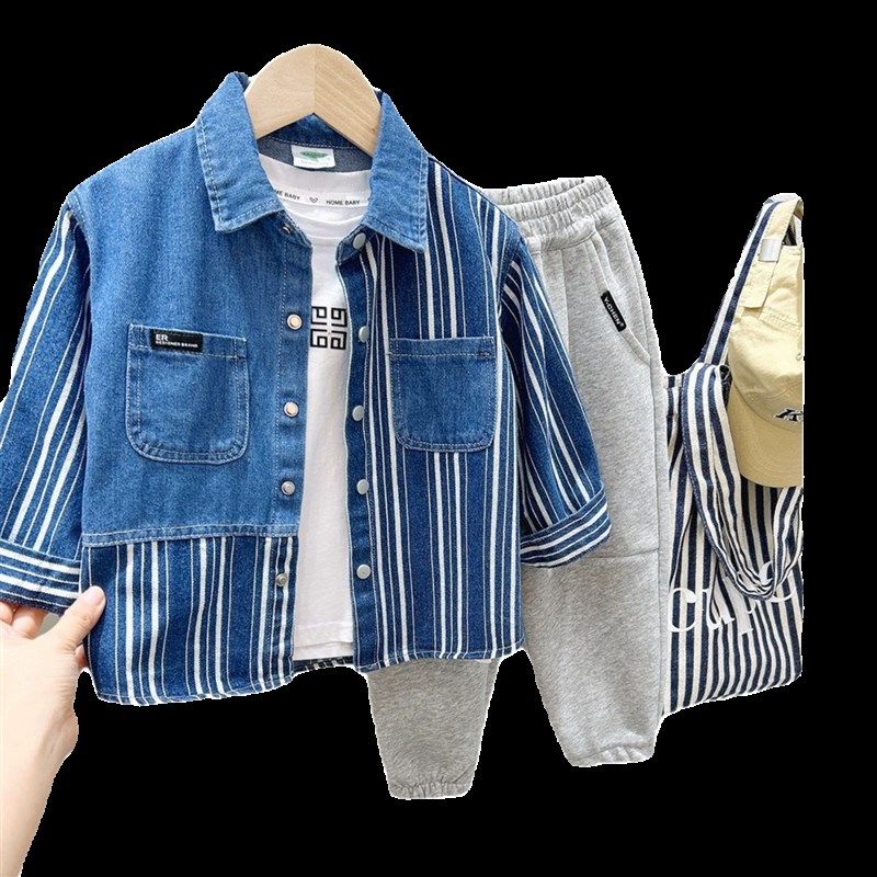 男童牛仔外套春秋款休闲上衣新款中大童男孩条纹洋气春装儿童衬衫,童装/婴儿装/亲子装,儿童牛仔外套,淘宝优惠券,粉丝福利购,淘宝优惠卷