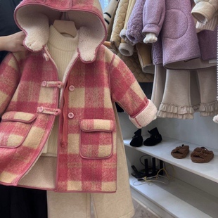 女童呢子外套冬季2023新款洋气中长款格子呢大衣宝宝保暖时髦上衣