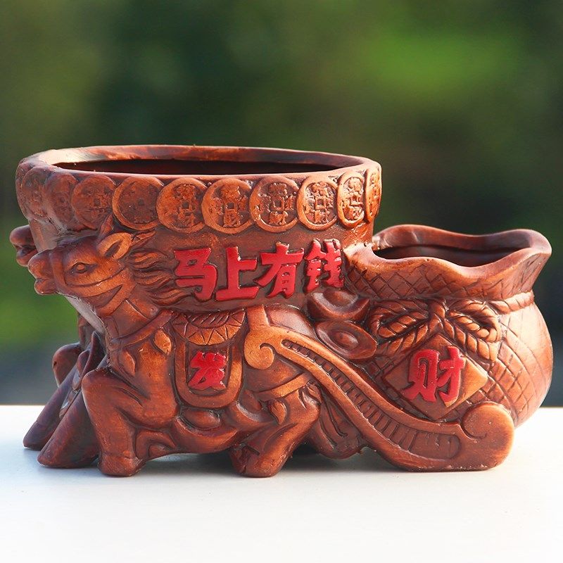 马上有钱陶瓷花盆发财树多肉组合个性创意复古红陶土双口连体花盆
