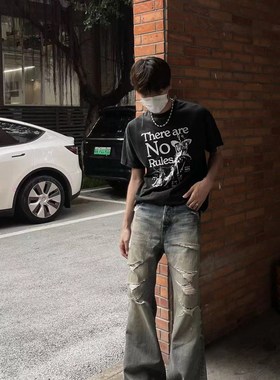 Baseplate 年度牛王手工刀割破洞磨烂做旧水洗微喇直蓝色牛仔裤