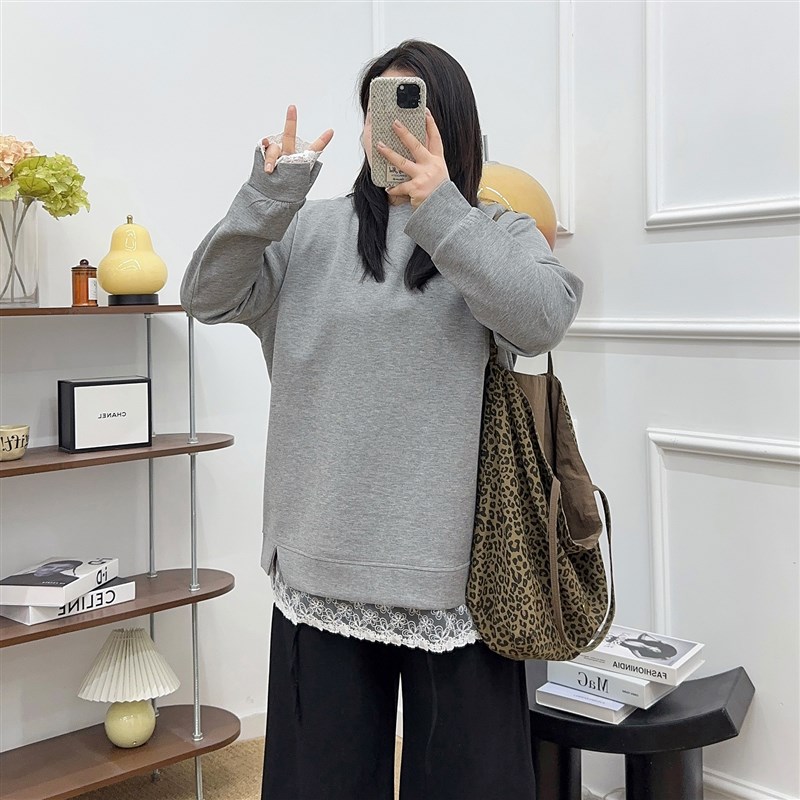 大码女装胖mm春季新款遮肚显瘦中长款上衣蕾丝拼接假两件长袖卫衣