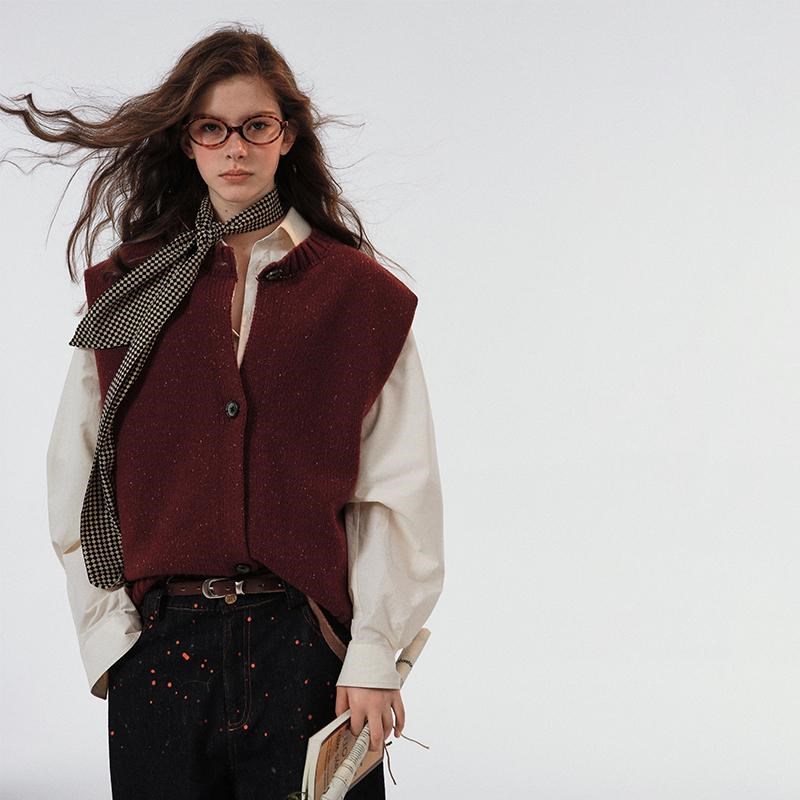 SINGLE MOMENT 安哥拉红羊毛混纺重磅花纱新年针织开衫背心马甲女