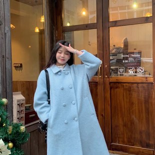 一见倾心 日剧初恋蓝长毛呢子大衣女秋冬新款加厚高级感长款外套