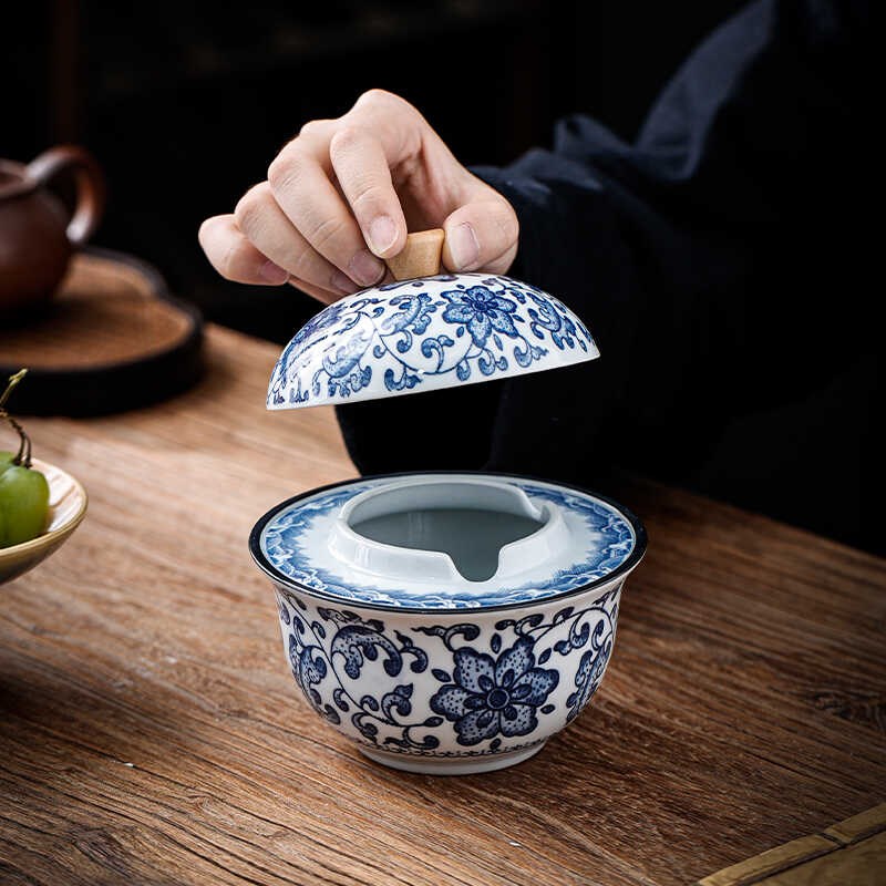 烟灰缸复古青花瓷带盖防风防飞灰烟灰烟雾家用办公室茶桌陶瓷烟缸