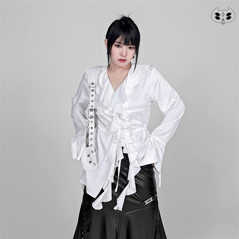 【显瘦宽松】荷叶边多花边喇叭袖抽绳调节丝质衬衫个性气质黑白