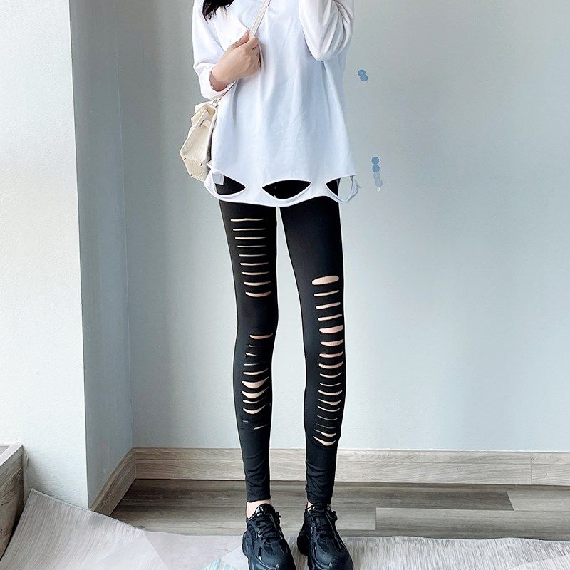 黑色打底裤女春秋薄款外穿个性破洞小黑裤紧身显瘦高腰弹力小脚裤