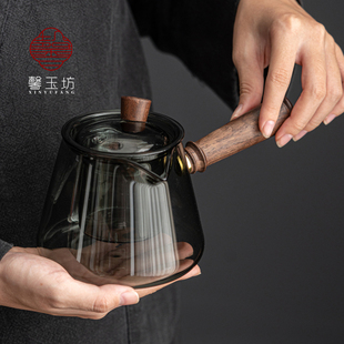木把玻璃煮茶壶加厚耐高温煮茶器电陶炉加热侧把泡茶壶 烟灰色日式