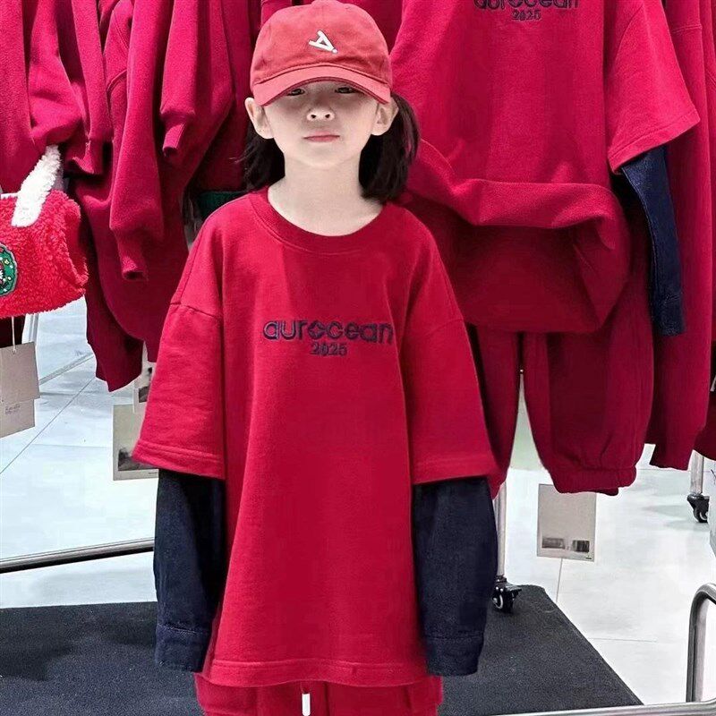 男女童洋气假两件拼接卫衣春秋款儿童宽松纯棉打底衫长袖T恤上衣