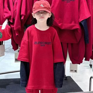 男女童洋气假两件拼接卫衣春秋款儿童宽松纯棉打底衫长袖T恤上衣