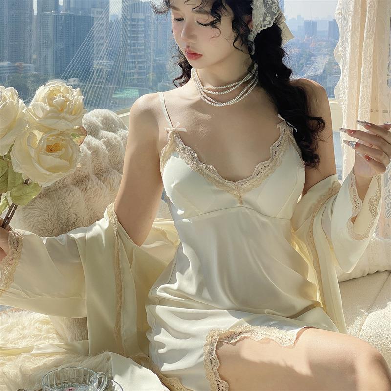 新款直销冰丝睡袍女春夏季吊裙露背带胸垫两件套新款V领镂空花边