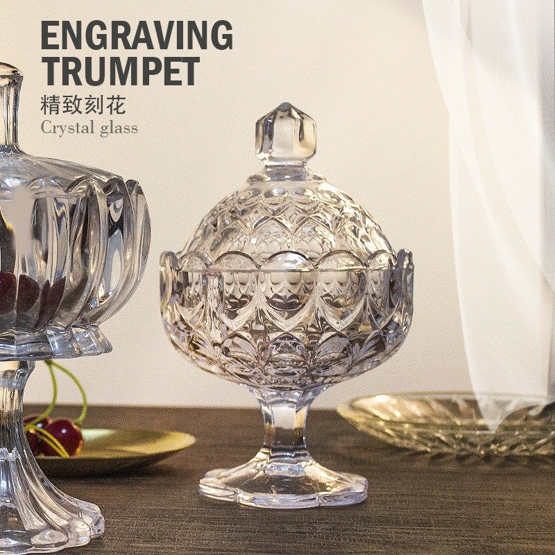 家用无铅水晶玻璃水果盘欧式客厅干果盘创意高脚带盖果盘茶几轻奢