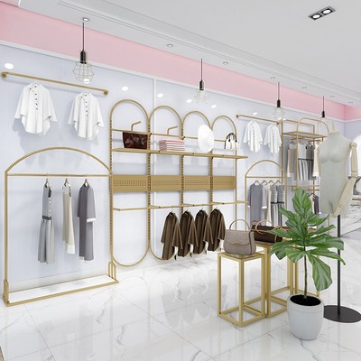 女服装店展示架上墙壁挂式轻奢金色陈列货架双层落地式铁艺挂衣架