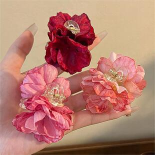 国风花花发夹侧边夹丸子头花簪花发卡马尾花朵小夹子山茶花小抓