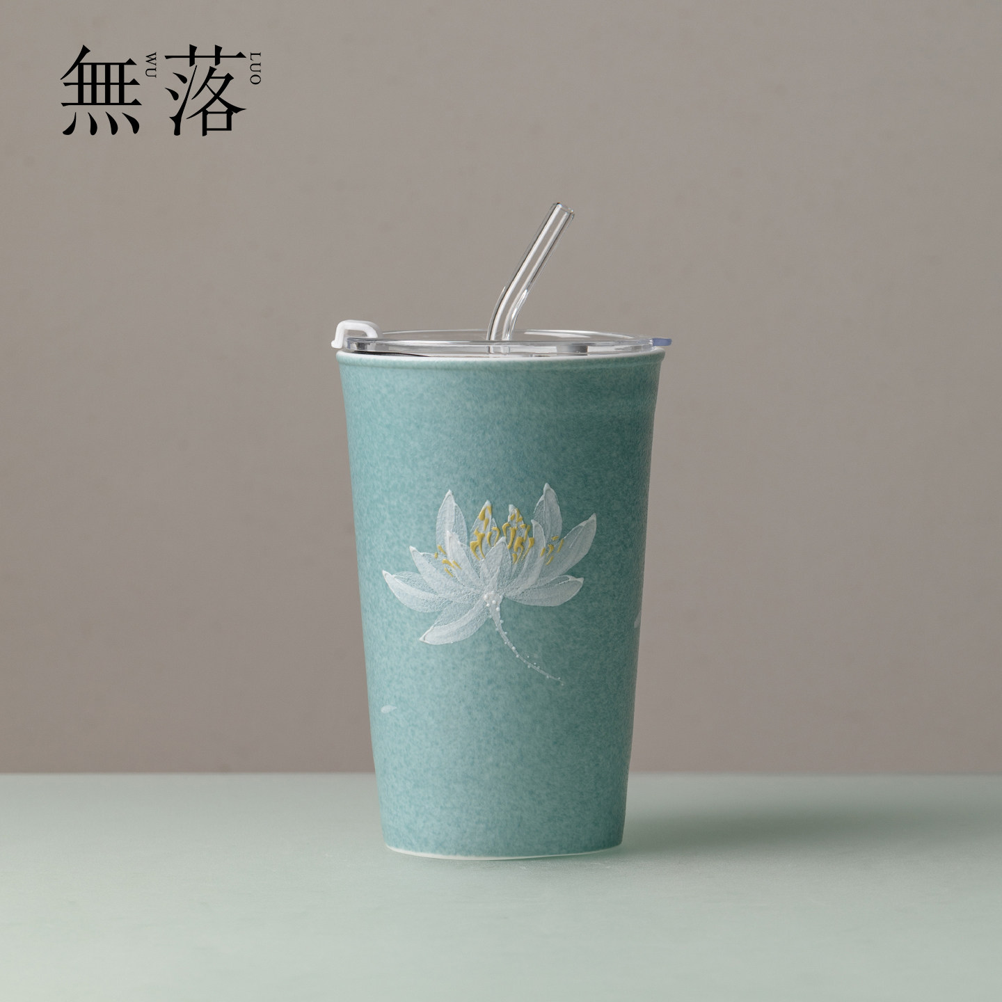 无落 手绘白莲映月直饮杯高颜值办公室陶瓷吸管杯家用功夫喝水杯图片