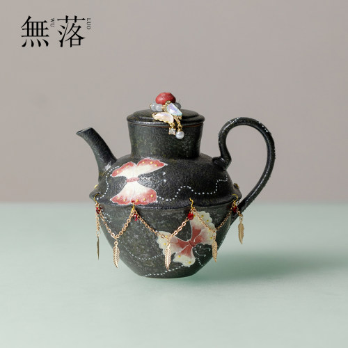 无落岩石黑釉茶壶手绘庄生梦蝶泡茶器陶瓷高颜值带吊坠陶瓷手执壶