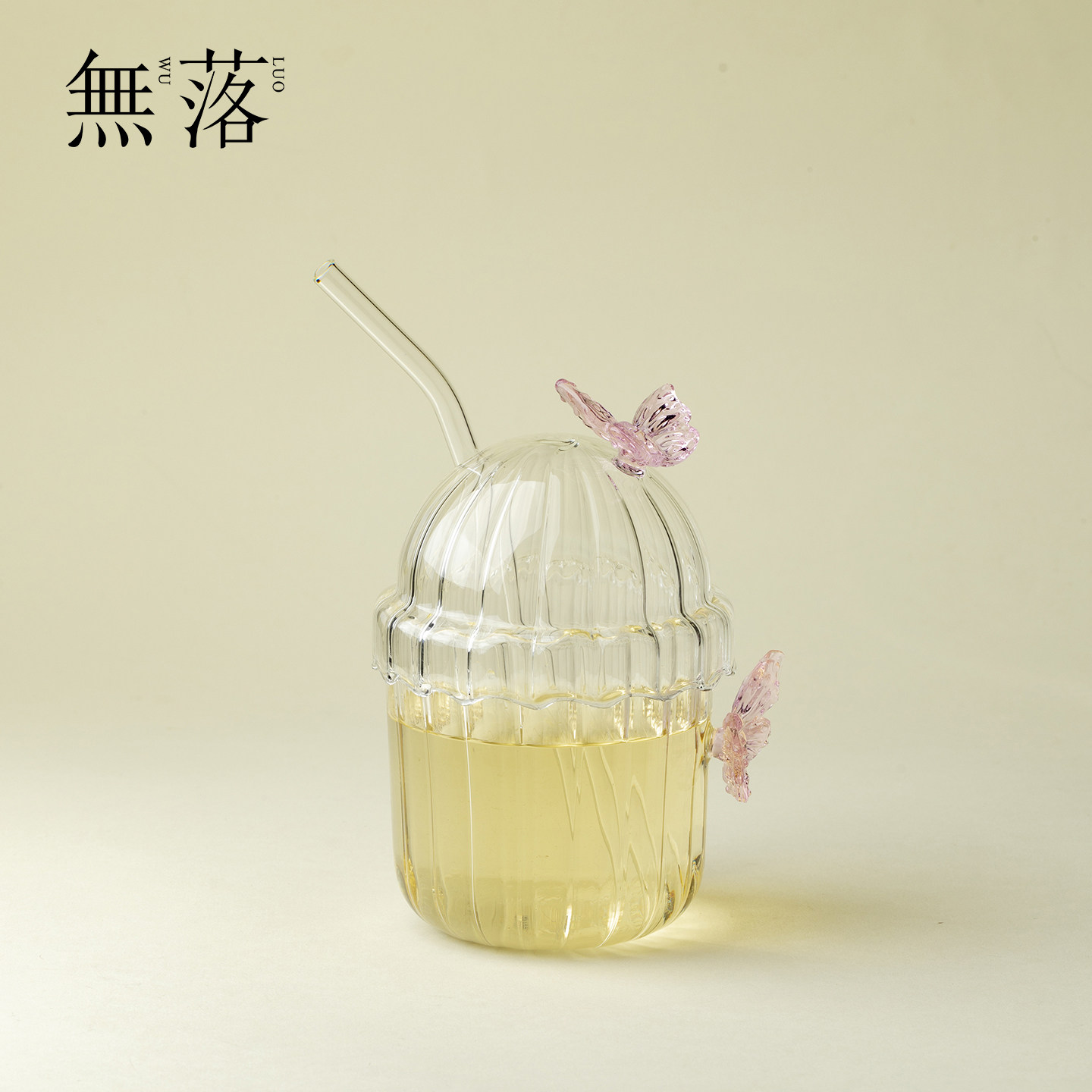 无落 粉蝴蝶玻璃吸管高颜值女生水杯高硼硅大容量透明饮料冷饮杯图片