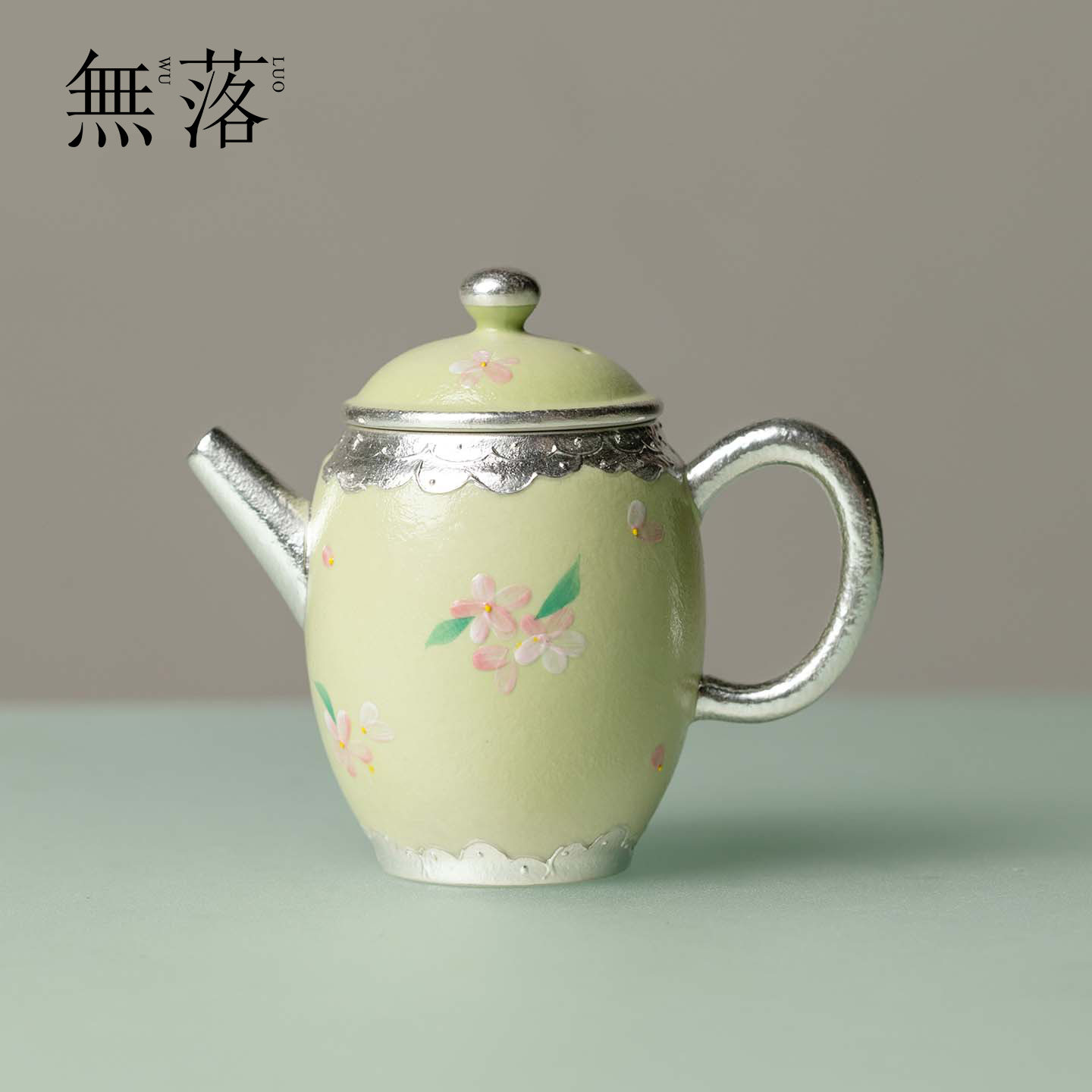 无落手绘鎏银花间春桃官帽壶小清新陶瓷泡茶壶家用带过滤球孔单壶