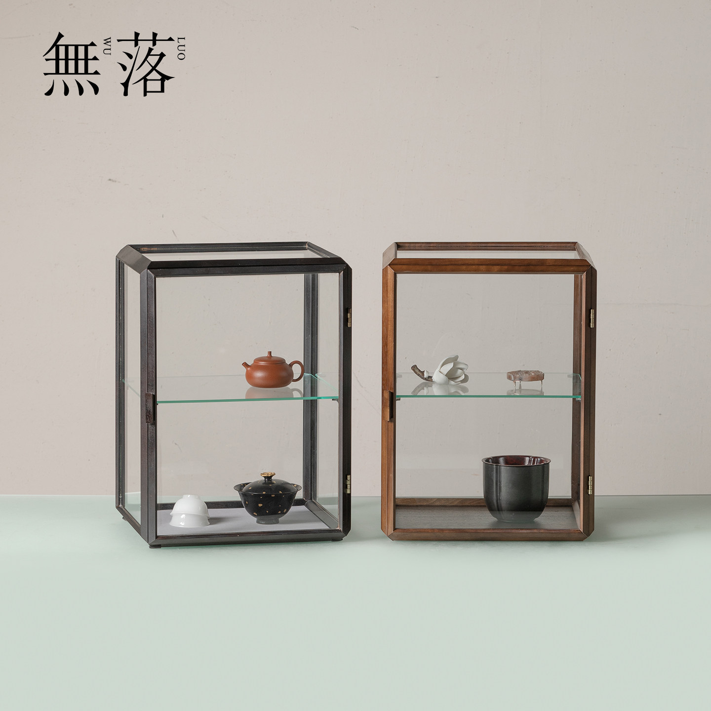 无落 浮光阁双层玻璃展示柜中式实木防尘置物柜家用茶瓷器收纳柜