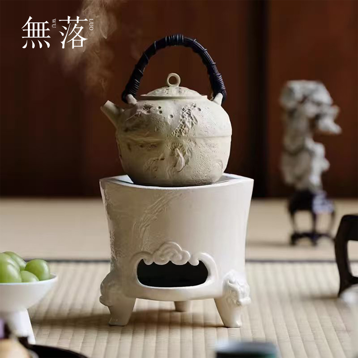 无落 手绘雕刻梅花粗陶老岩泥煮茶炉创意手绘陶瓷加热炉家用茶具