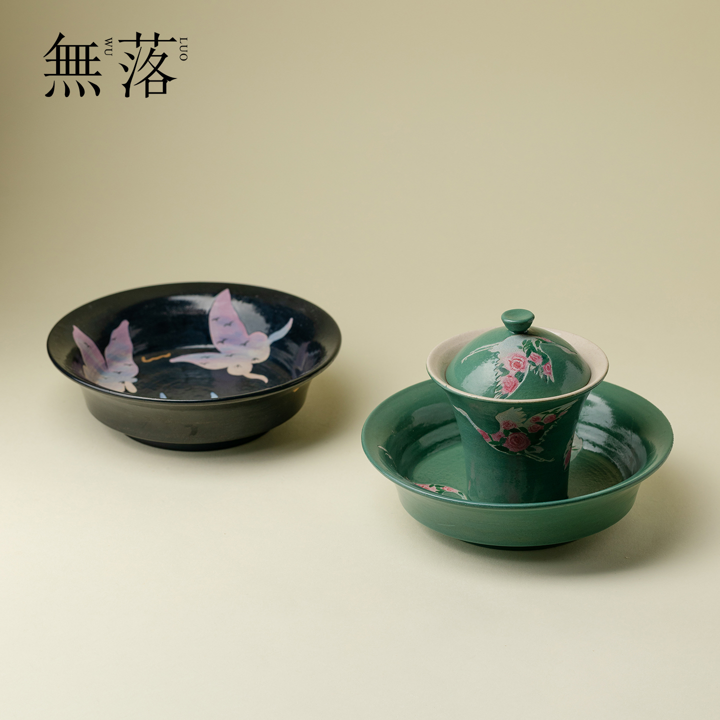 山几由大漆手绘油画风仙鹤盖碗壶承景德镇创意手工功夫茶具干泡盘