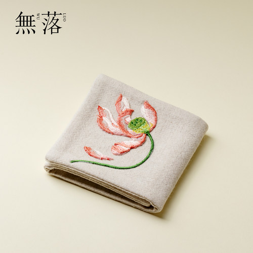 无落刺绣荷花棉麻吸水茶巾抹布茶桌布茶布防烫加厚养壶巾茶道配件