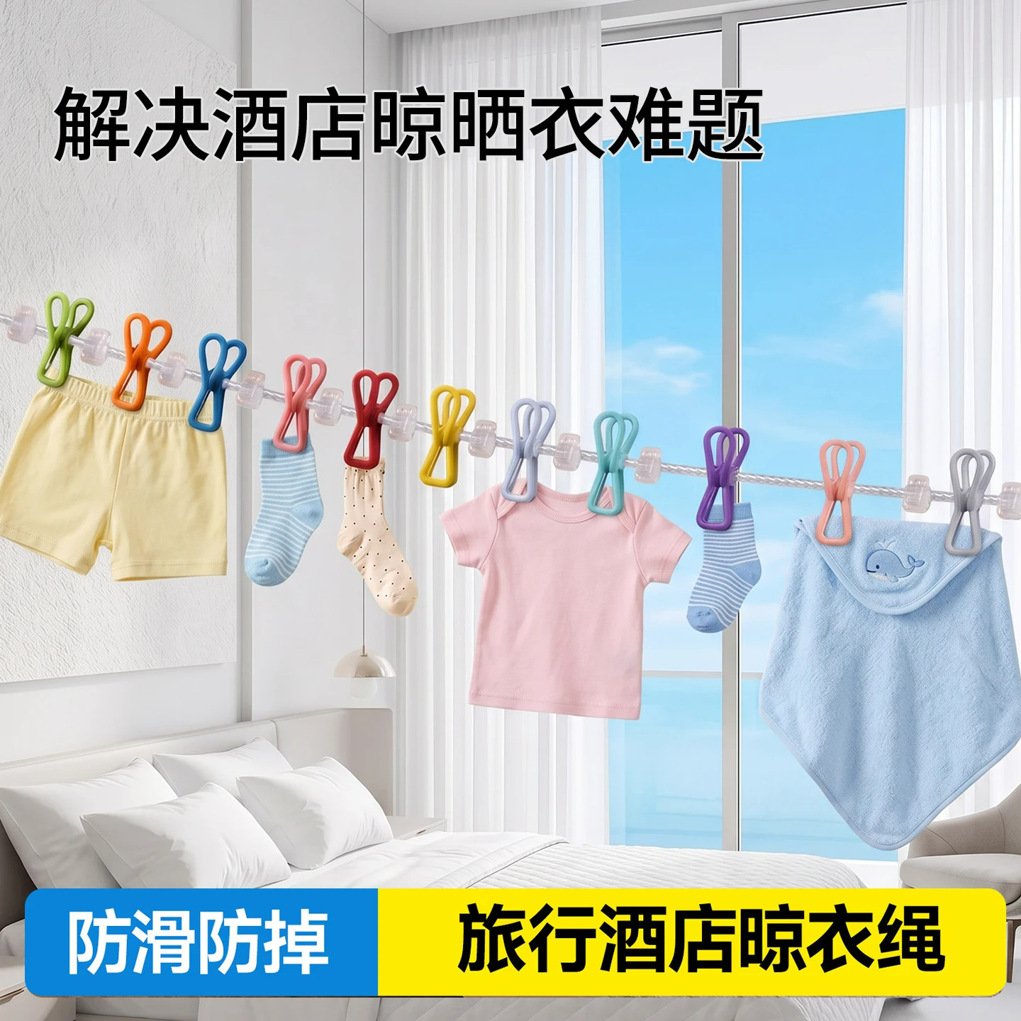 旅行晾衣绳便携式酒店出差晾衣服带夹子晾衣服室外晒衣防风弹力绳