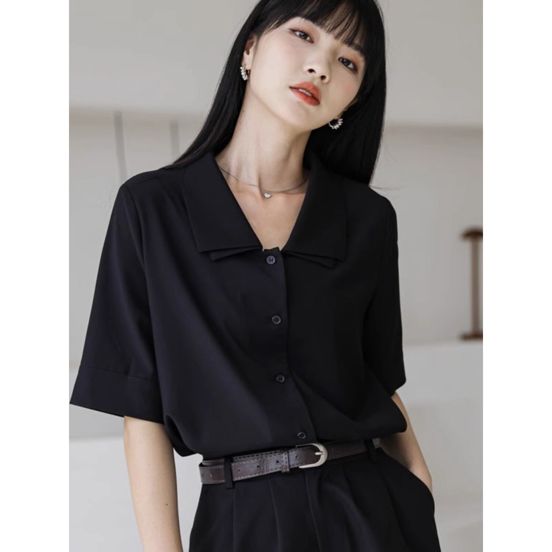 法式黑色短袖翻领衬衫女夏季上衣
