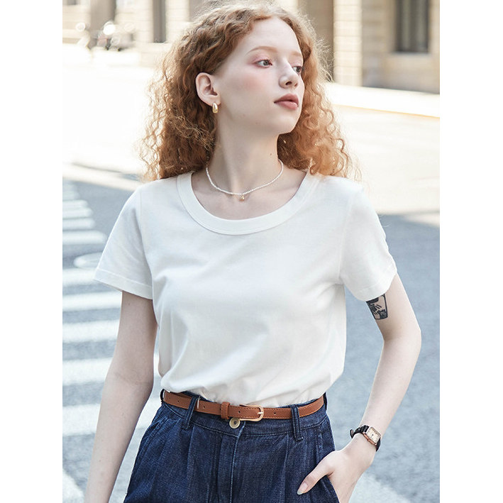 法式白色纯棉短袖T恤女夏季轻薄透气小个子休闲宽松正肩基础上衣