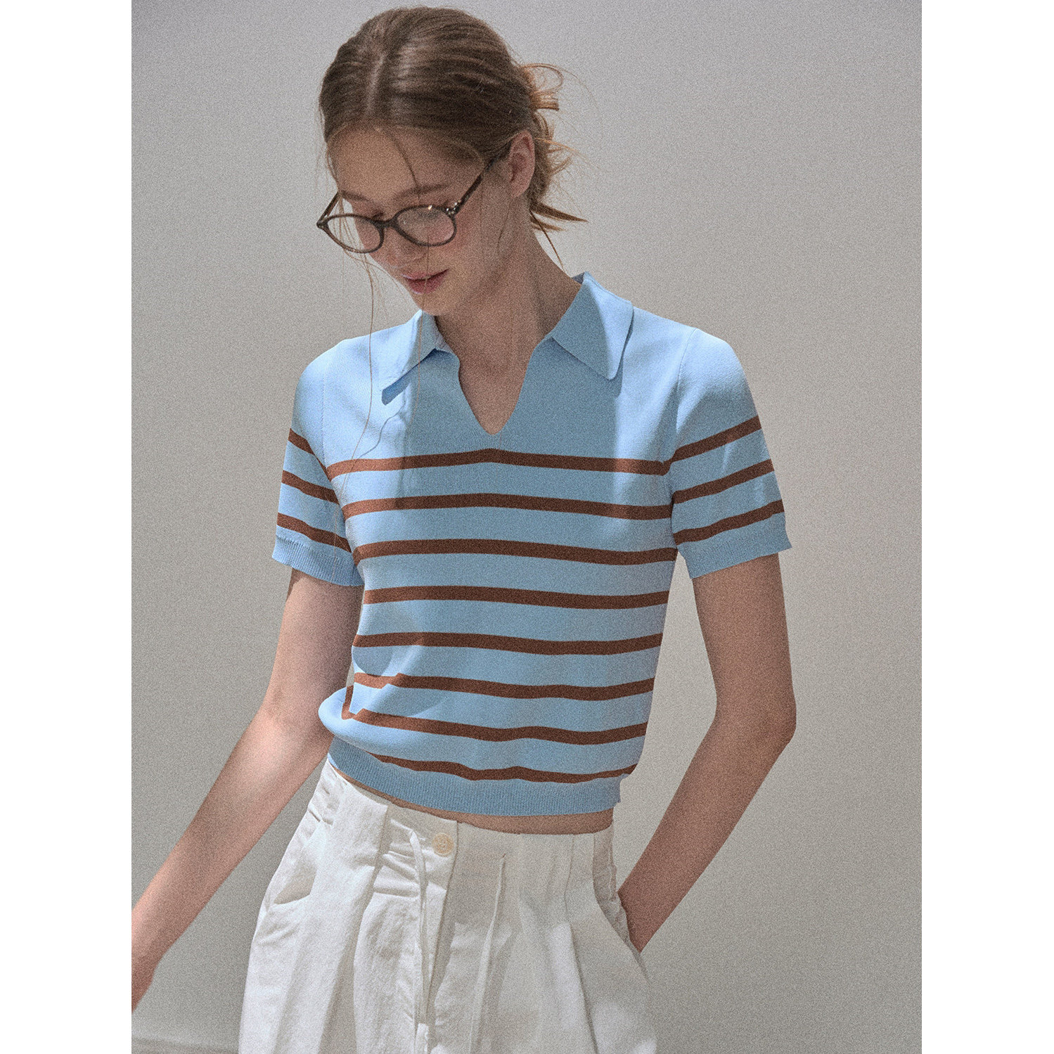 法式学院风蓝色条纹短袖polo衫女夏季修身亲肤正肩显瘦针织小上衣