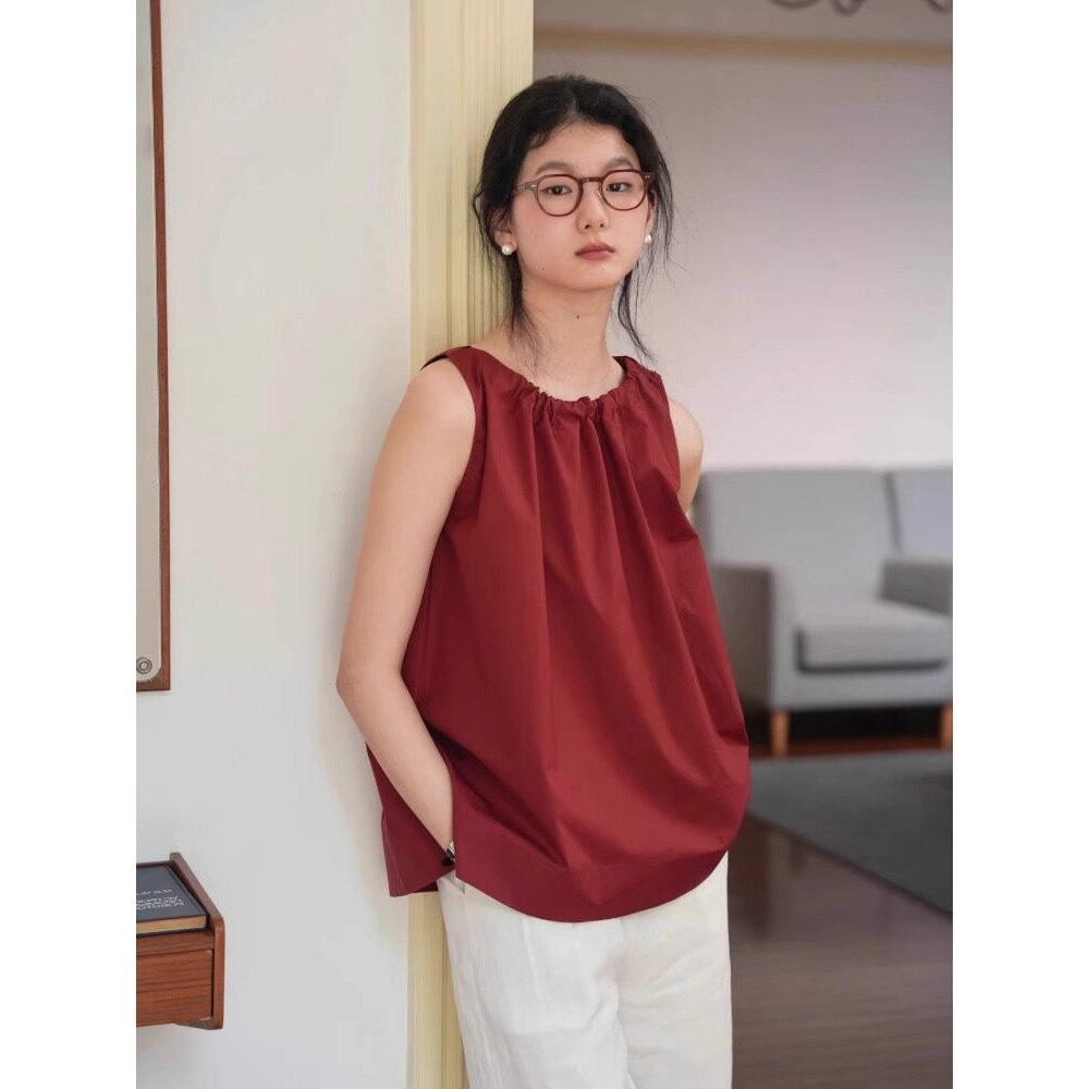 法式复古酒红色无袖背心女夏季松弛感宽松显瘦绑带上衣娃娃衫薄款