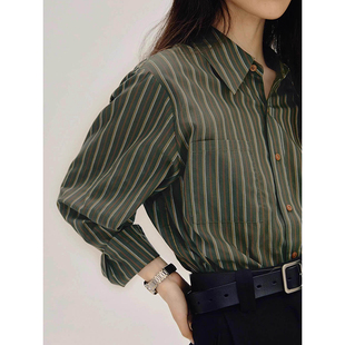 港风复古绿色条纹防晒衬衫 衬衣通勤上衣薄 女春夏休闲宽松气质长袖
