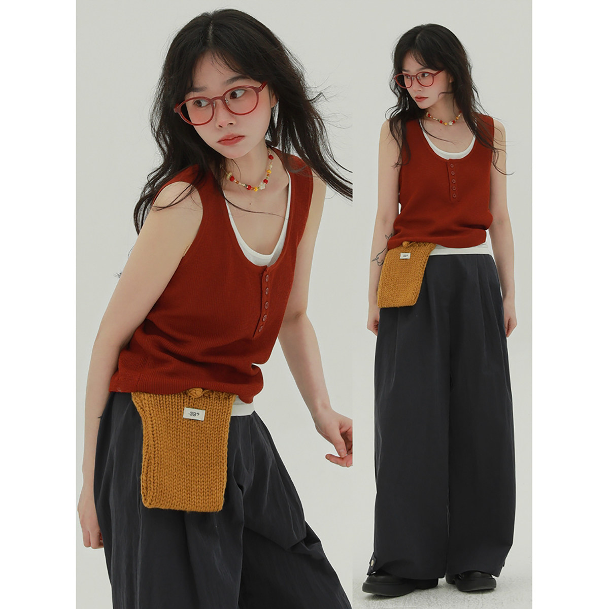 法式红色假两件u领吊带背心女夏季薄款冰丝亲肤外穿短款针织上衣